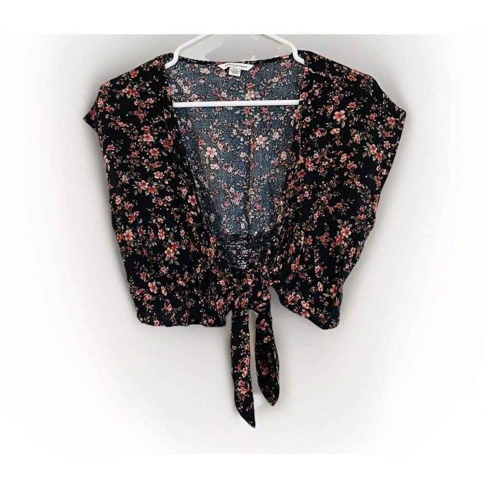 American Eagle Black Floral Cropped Top Blouse Bolero Size S Smocked Boho